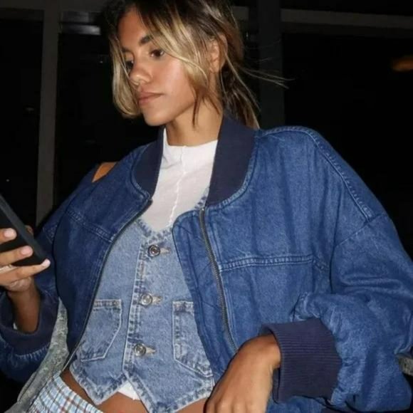 ZARA ZW CONTRAST DENIM BOMBER - Picture 2 of 3